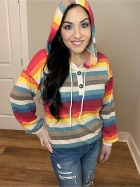XXL Rainbow Striped Hooded Pullover Sweatshirt - Multicolor